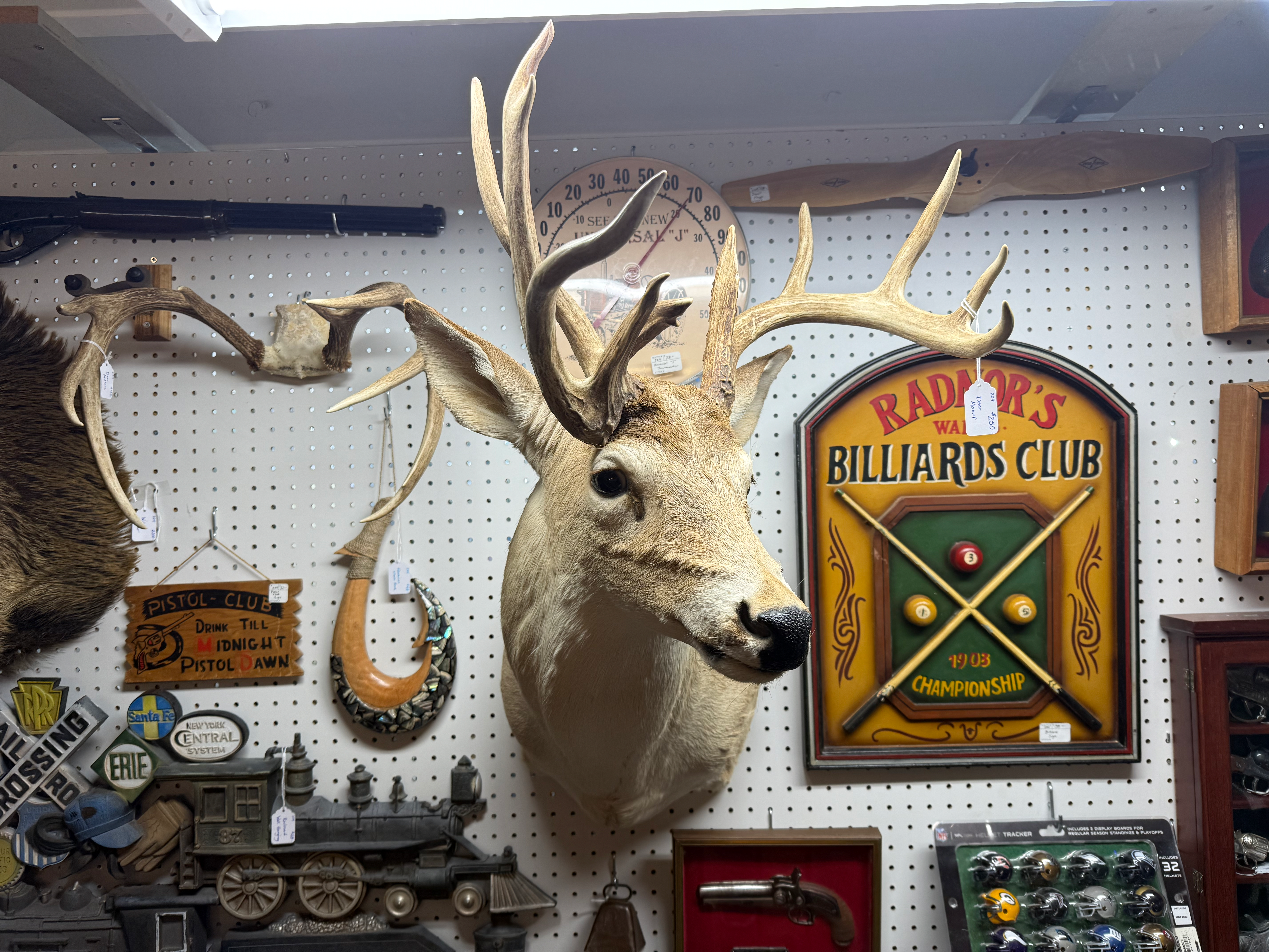 Antique Mall display with a mounted deer and other vintage items